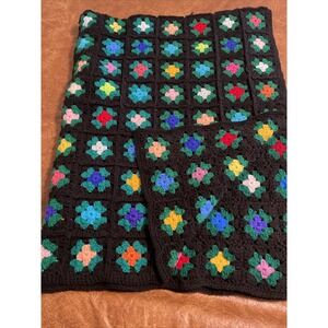 Vtg Square Black Afghan 69"x52" Crochet Throw Blanket Handmade flower pattern